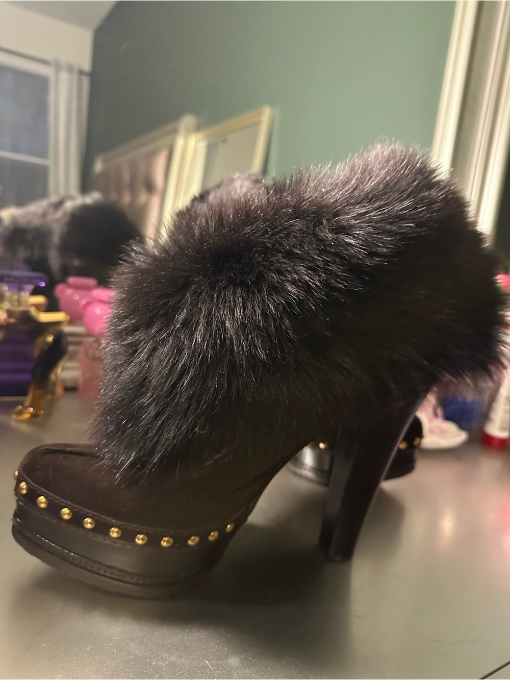 Prada Milano Brown Suede Fur Studded Platform Boots EU 40
